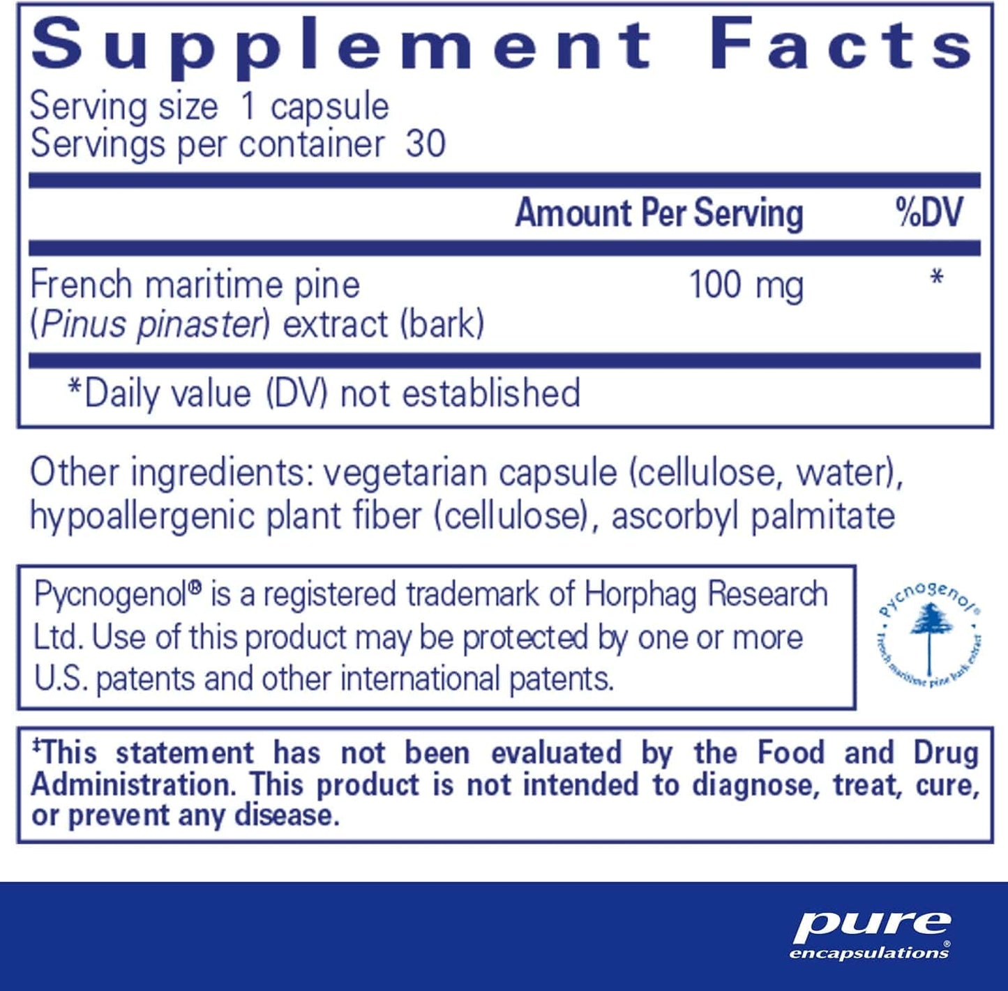 Pycnogenol 100mg 30 tampas - encapsulações puras