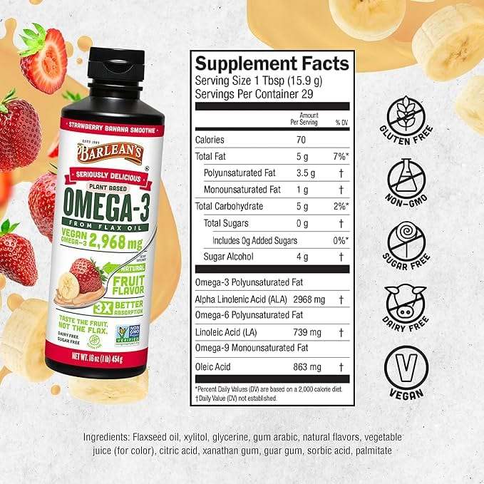 Omega-3 from Flax Oil, Strawberry Banana Smoothie, 16 oz (454 g) - Barlean's