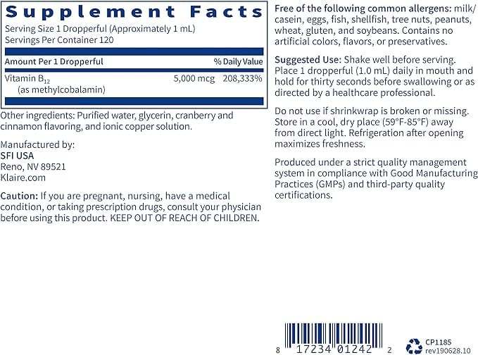 B12 Liquide (méthylcobalamine) 5 mg, 120 ml - Klaire Labs (SFI Health)