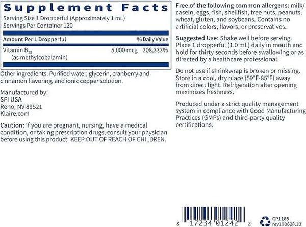 B12 Liquid (Methylcobalamin) 5mg, 120ml - Klaire Labs  (SFI Health)