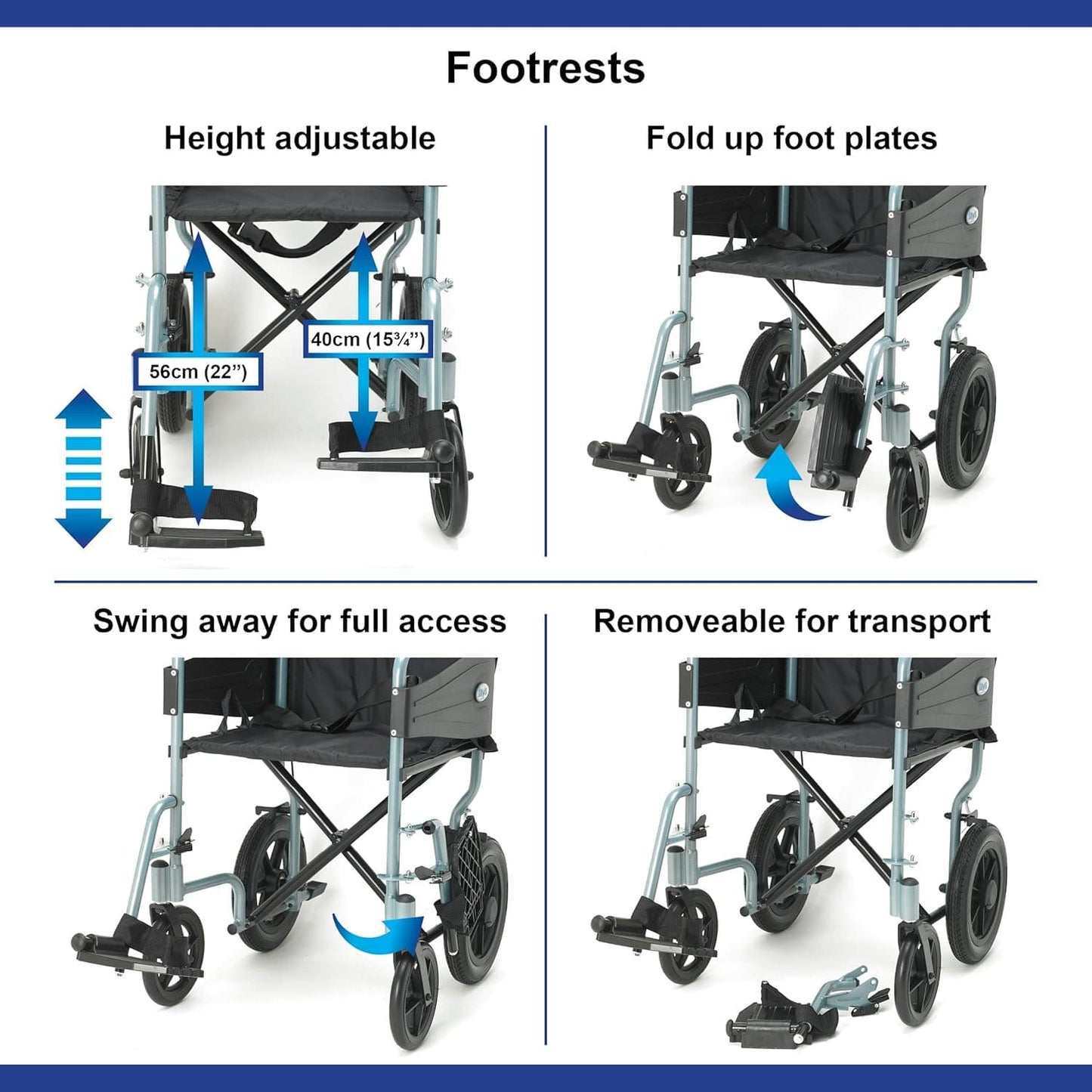 Lightweight Foldable Aluminum Wheelchair with Removable Footrests - Standard Size, Silver/Blue - Ideal for Comfort and Travel Mobility Aids