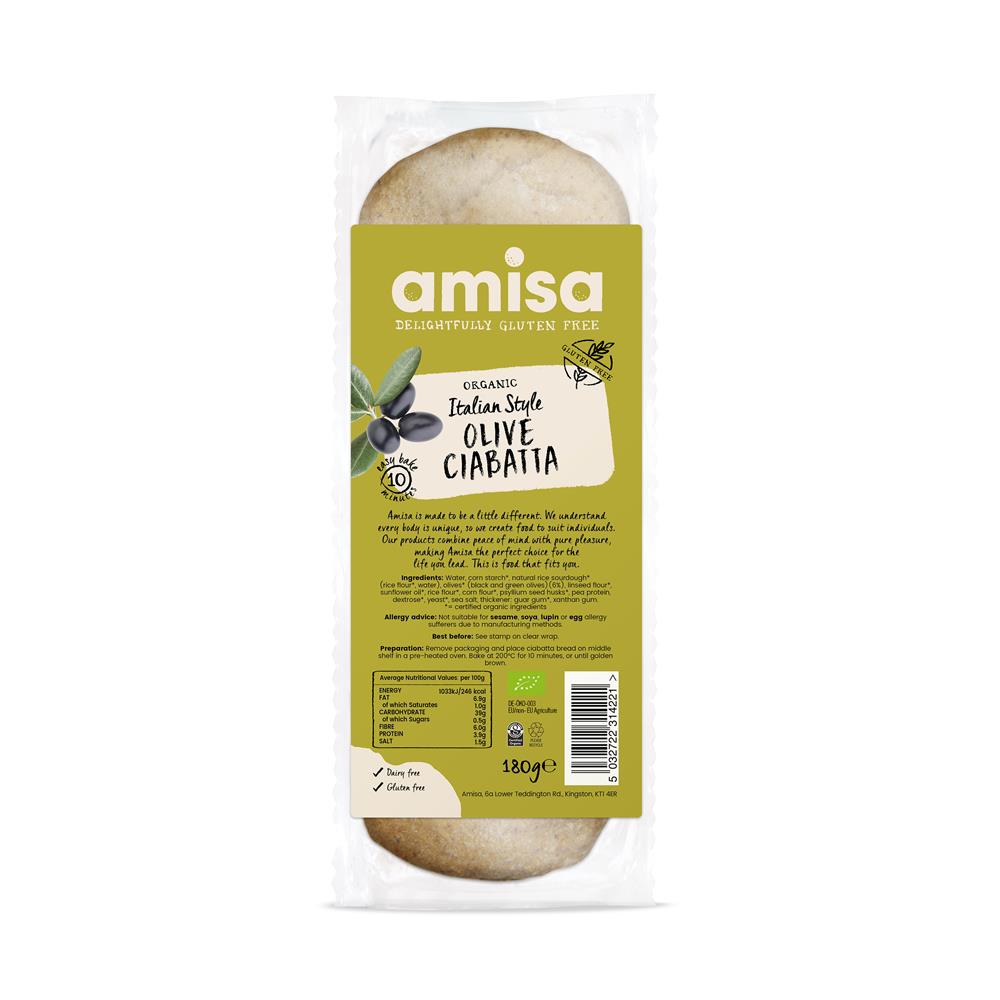 Organic Olive Ciabatta Gluten Free 180g, Amisa