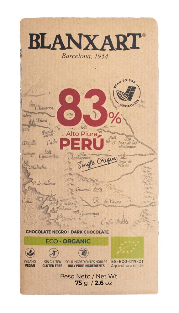 BLANXART Premium Organic & Vegan 83% PERU Chocolate Bar 75g, Blanxart