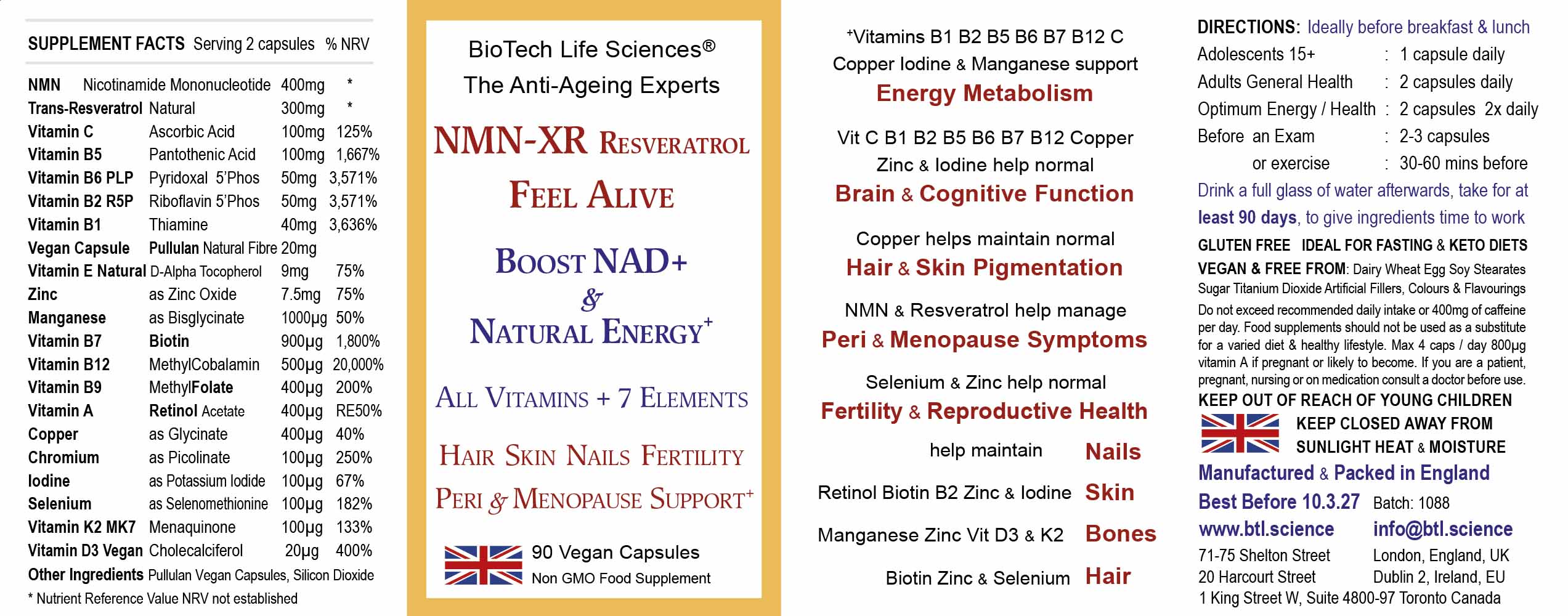 NMN-XR Resveratrol Vitamins Anti-Ageing Hair Skin Menopause 90, BioTech Life Sciences