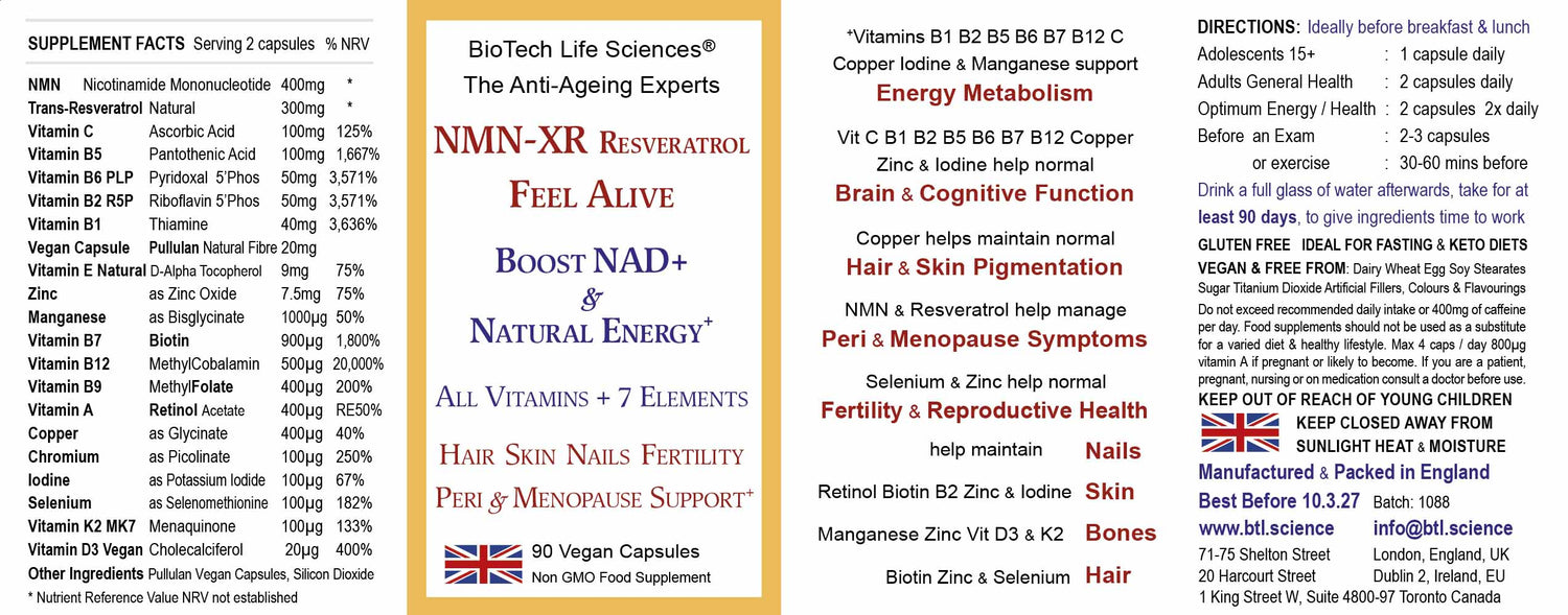 NMN-XR Resveratrol Vitamins Anti-Ageing Hair Skin Menopause 90, BioTech Life Sciences