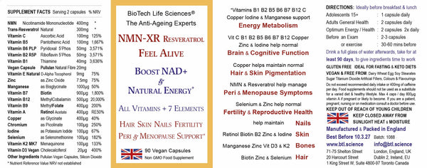 NMN-XR Resveratrol Vitamins Anti-Ageing Hair Skin Menopause 90, BioTech Life Sciences