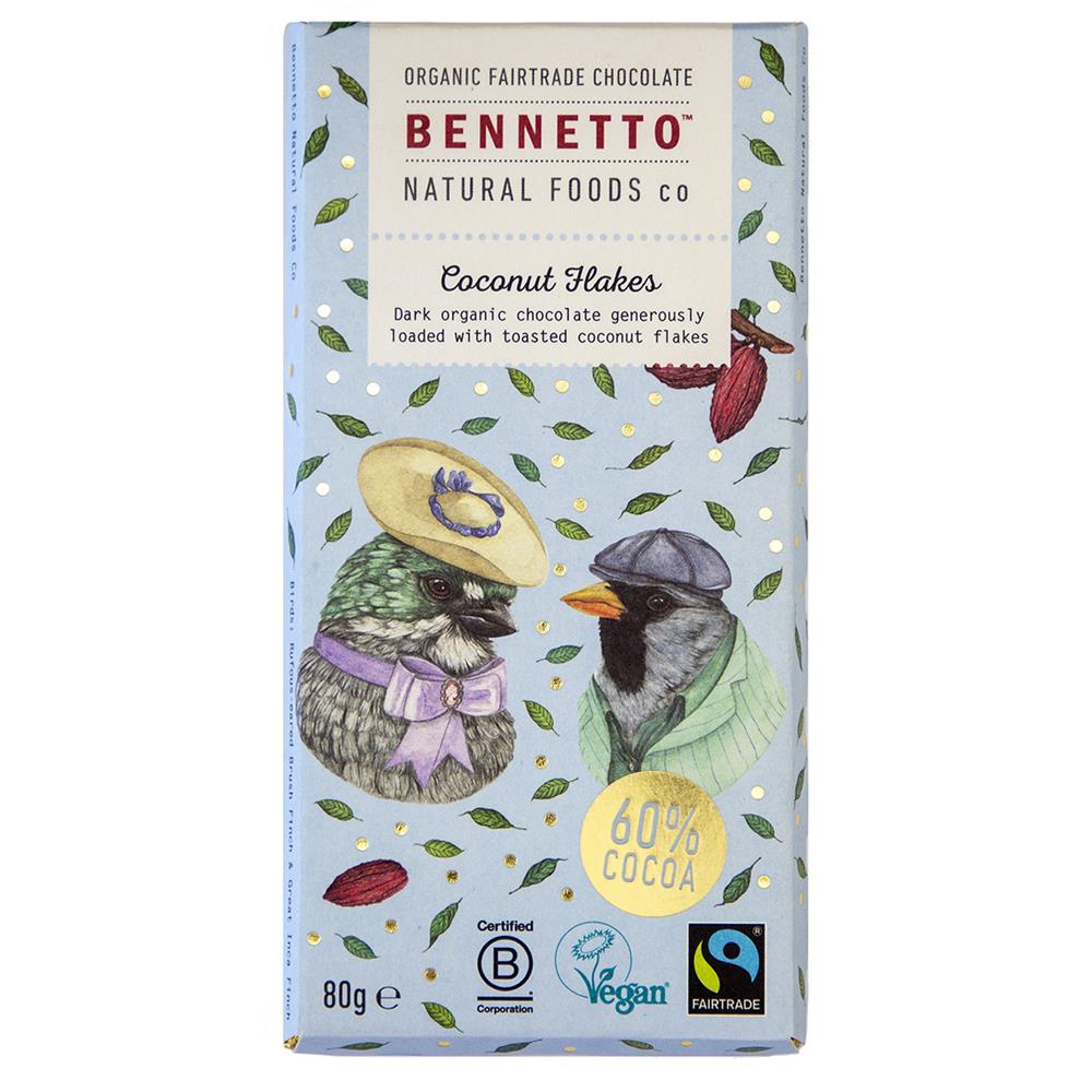 Organic Chocolate Bar Coconut Flakes 80g, Bennetto