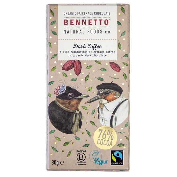 Organic Chocolate Bar Dark Coffee 80g, Bennetto