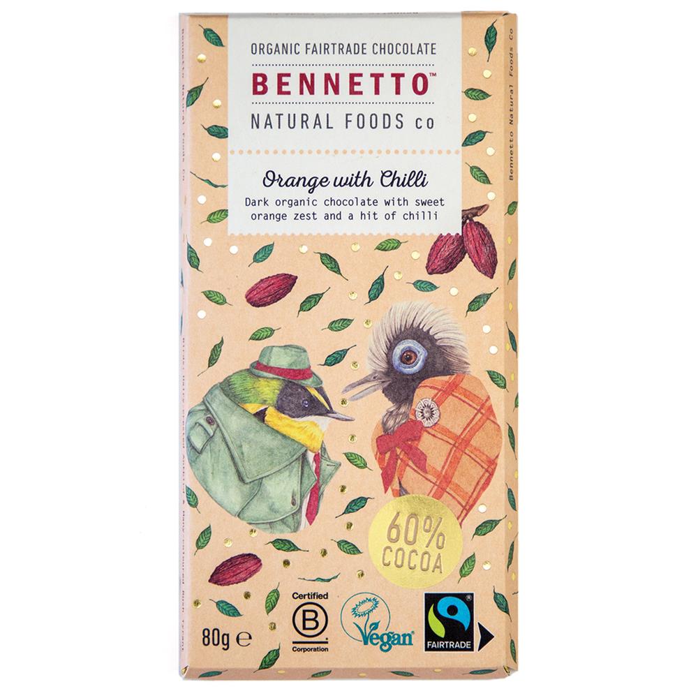 Organic Chocolate Bar Orange with Chilli 80g, Bennetto