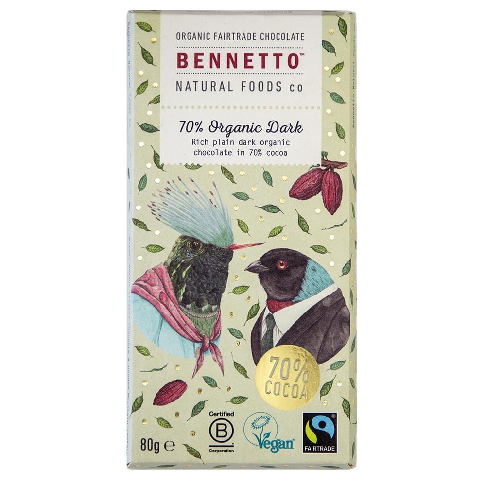 Organic Chocolate Bar 70% Dark 80g, Bennetto