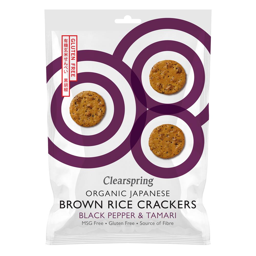 Organic Japanese Brown Rice Crackers - Black Pepper & Tamari 40g, Clearspring