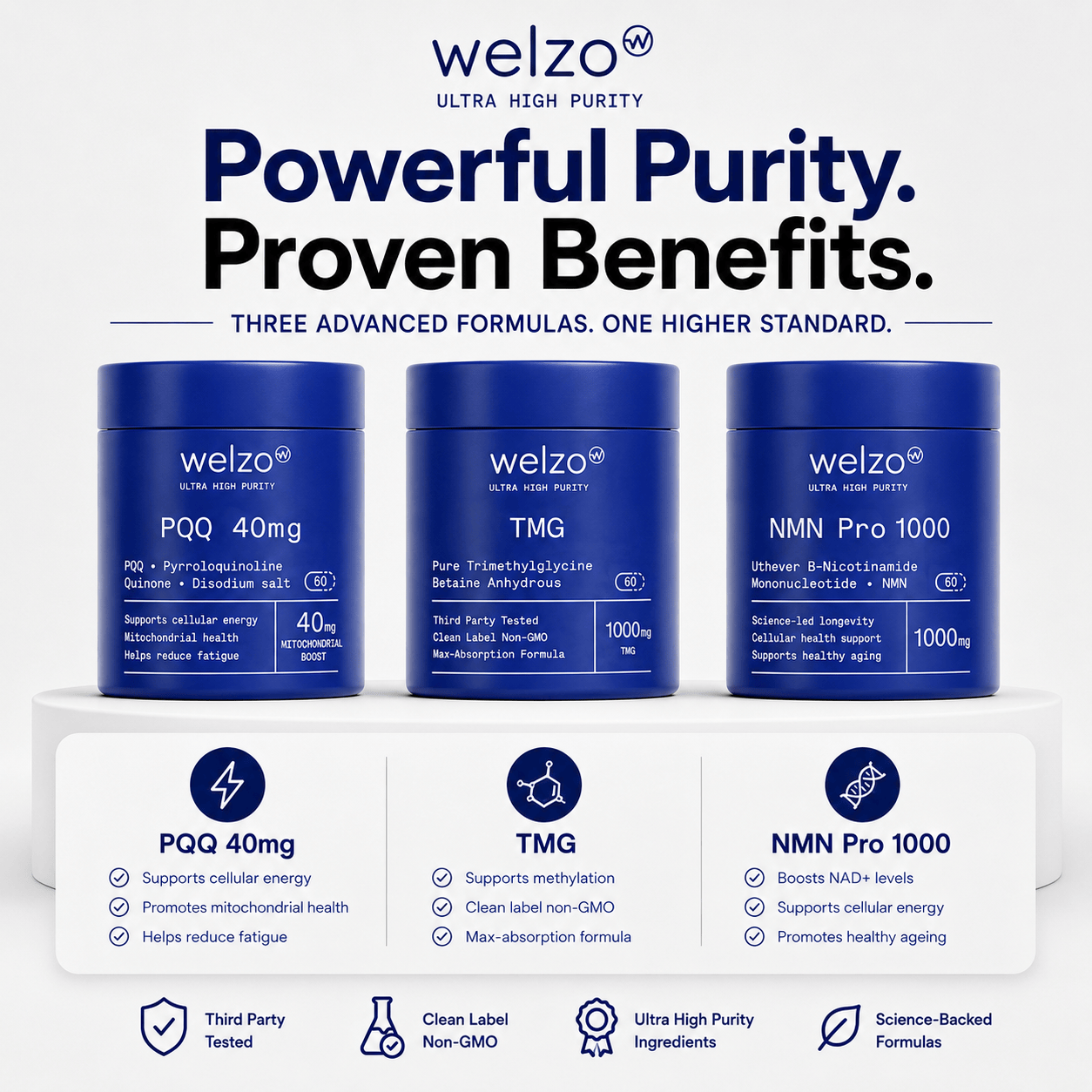Welzo Ultra Purity Energy & Focus Stack — NMN + PQQ + TMG