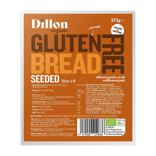 Dillon Organic Sliced Gluten Free Seeded Bread 275g, Dillon Organic