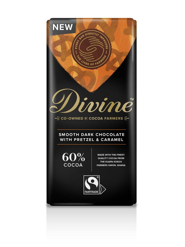 Fairtrade Dark Chocolate with Pretzel Pieces & Caramel 90g, Divine Chocolate