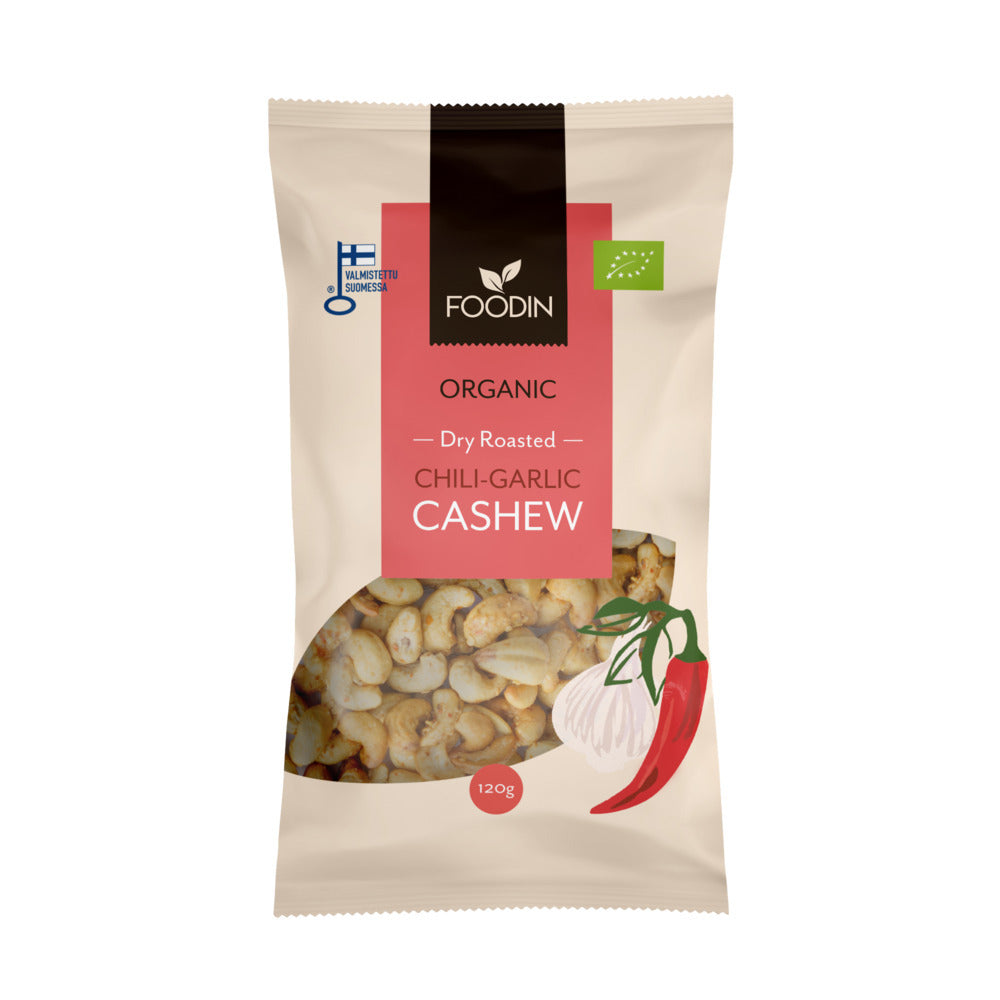 Organic Dry Roasted Chili-Garlic Cashew 120g, Foodin