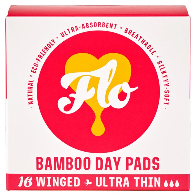 FLO Organic Bamboo Sanitary Pads with Wings Silky Soft Ultra Absorbent Biodegradable Sanitary Towels - Ultra-Thin Day Pads Pack 16