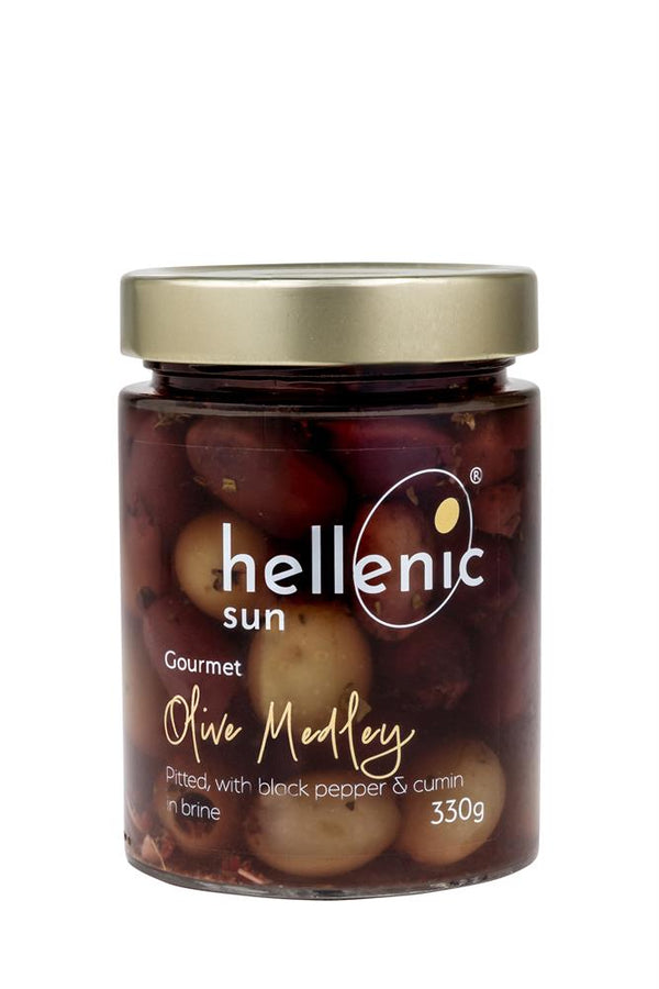 Hellenic Sun Olive Medley pitted Pepper & Cumin 330g, Hellenic Sun