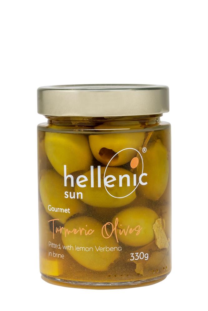 Hellenic Sun Turmeric Olives Pitted & Lemon Verbena 330g, Hellenic Sun