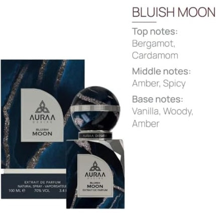 Bluish Moon Extrait de Parfum 100ml by Auraa Desire Luxury Unisex Woody Oriental Fragrance with Bergamot, Cardamom, Amber, Vanilla, and Woody Notes Long-Lasting Perfume