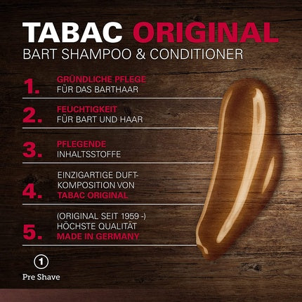 Tabac Original Beard Shampoo with Unmistakable Fragrance - Optimal Cleansing and Gentle Care for Beard Hair - 200ml