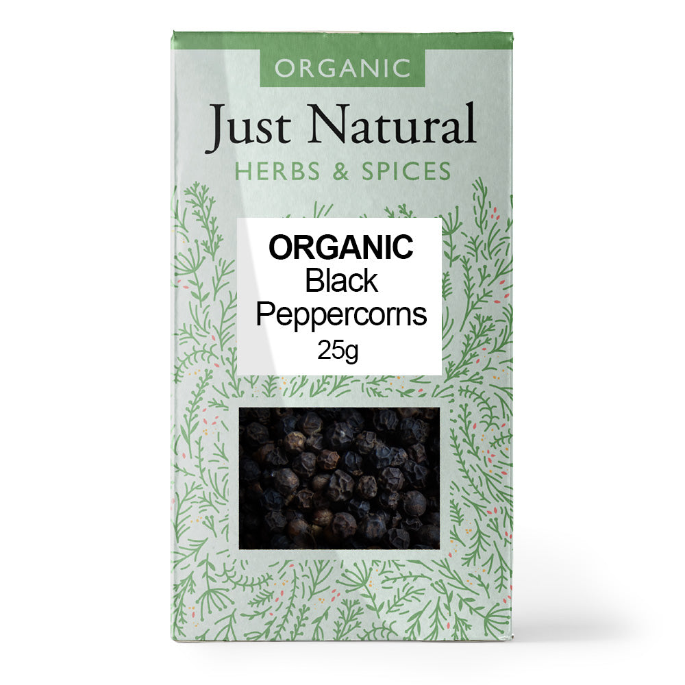 Organic Black Peppercorns (Box) 25g, Just Natural Herbs