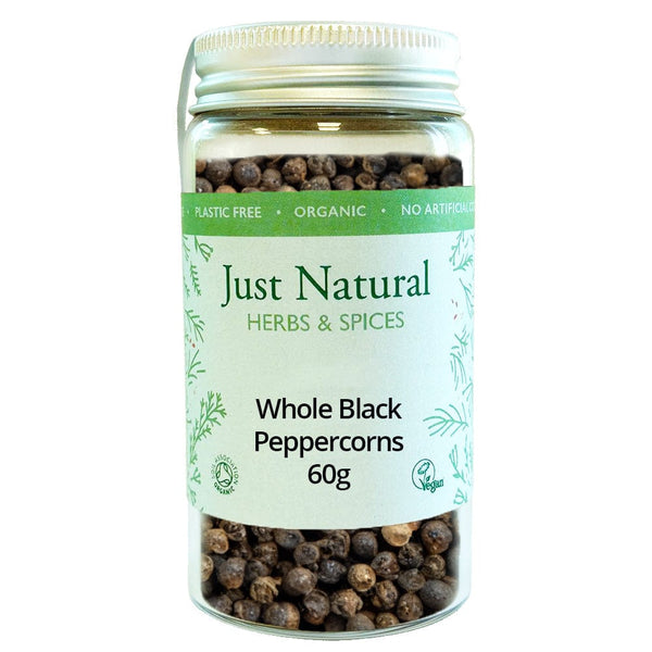 Organic Black Peppercorns (Glass Jar) 50g, Just Natural Herbs