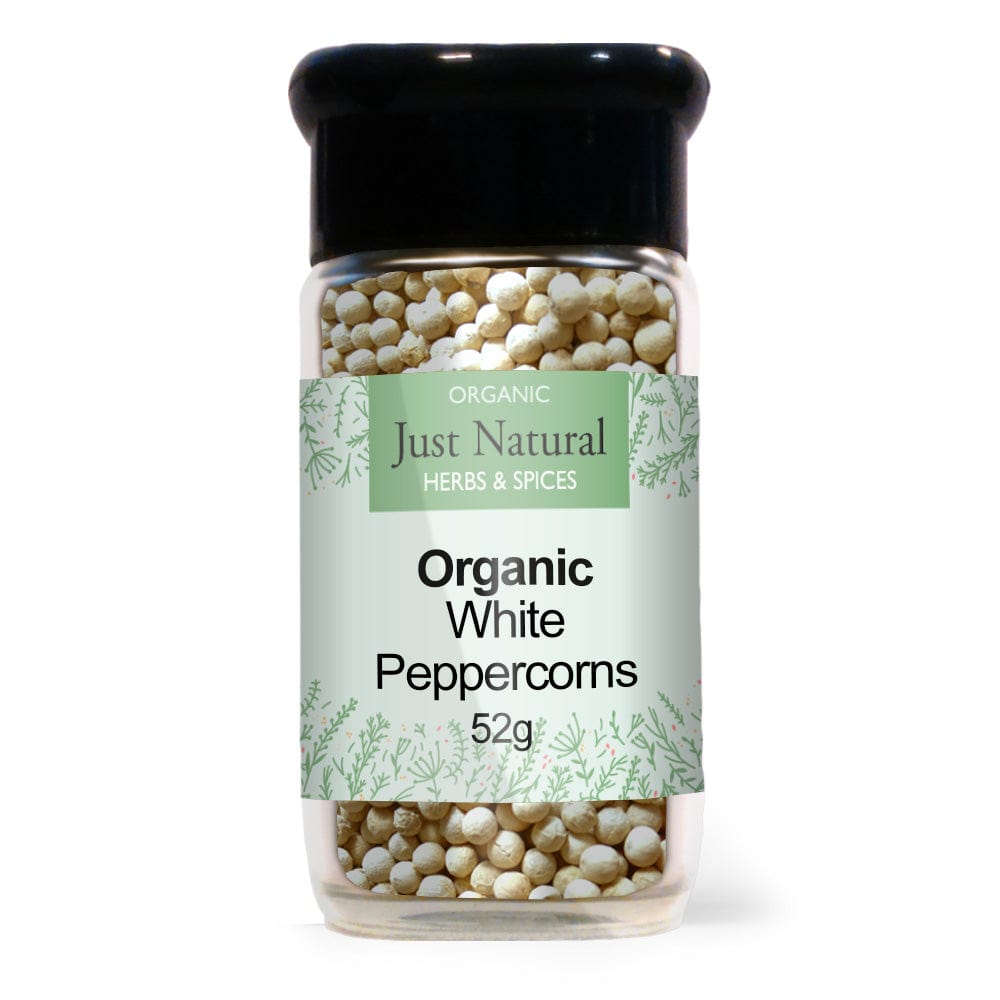 Organic White Peppercorns (Glass Jar) 52g, Just Natural Herbs