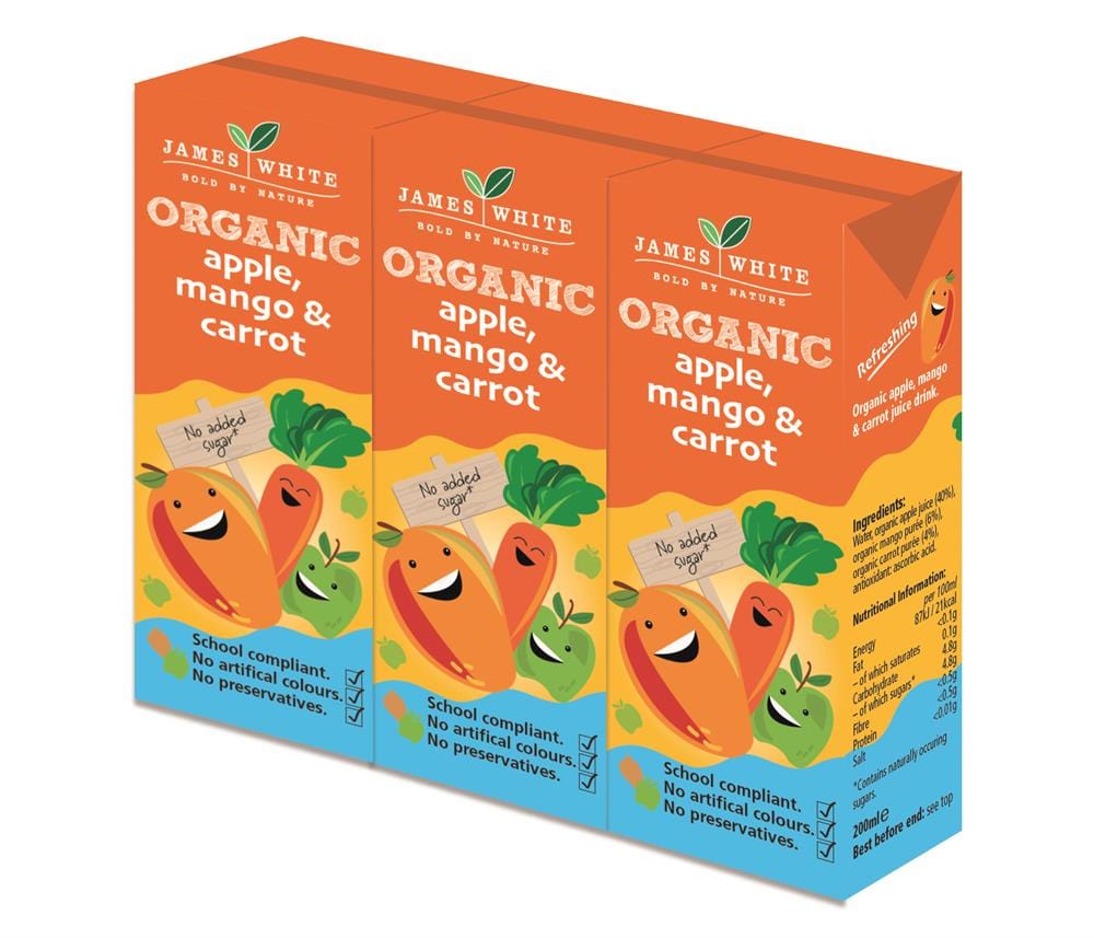 Organic Apple Mango & Carrot Juice Drink 3 x 200ml Multi pack, James White