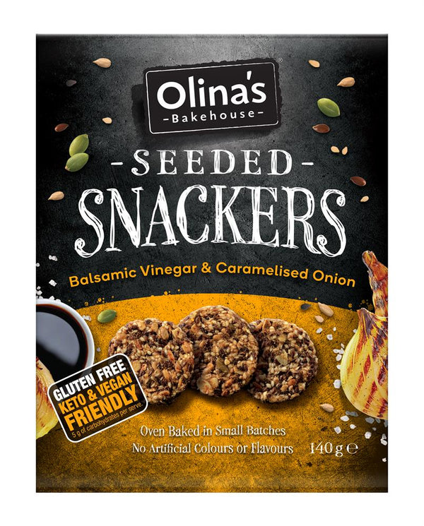 Seeded Snackers Balsamic Vinegar & Caramelised Onion 140g, Olinas Bakehouse