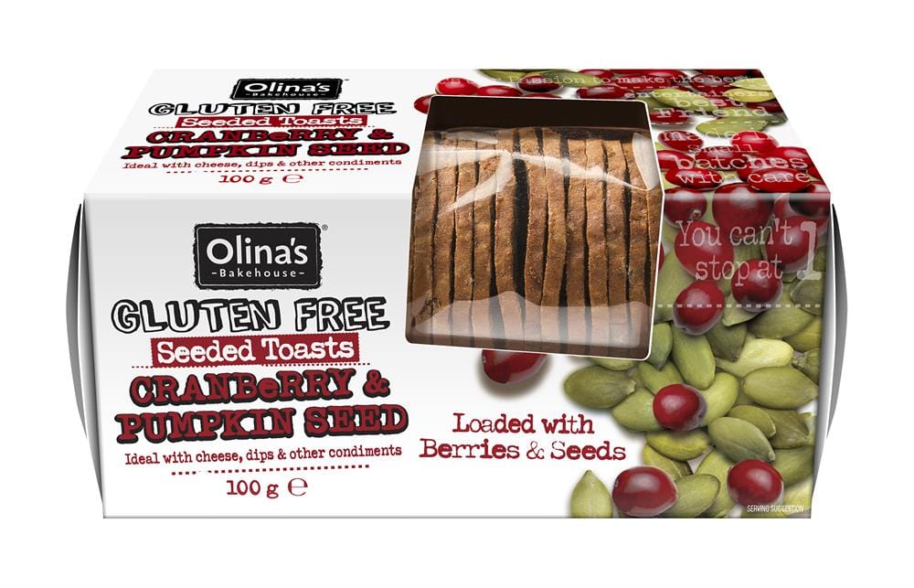 Gluten Free Cranberry & Pumpkin Seeded Toasts 100g, Olinas Bakehouse