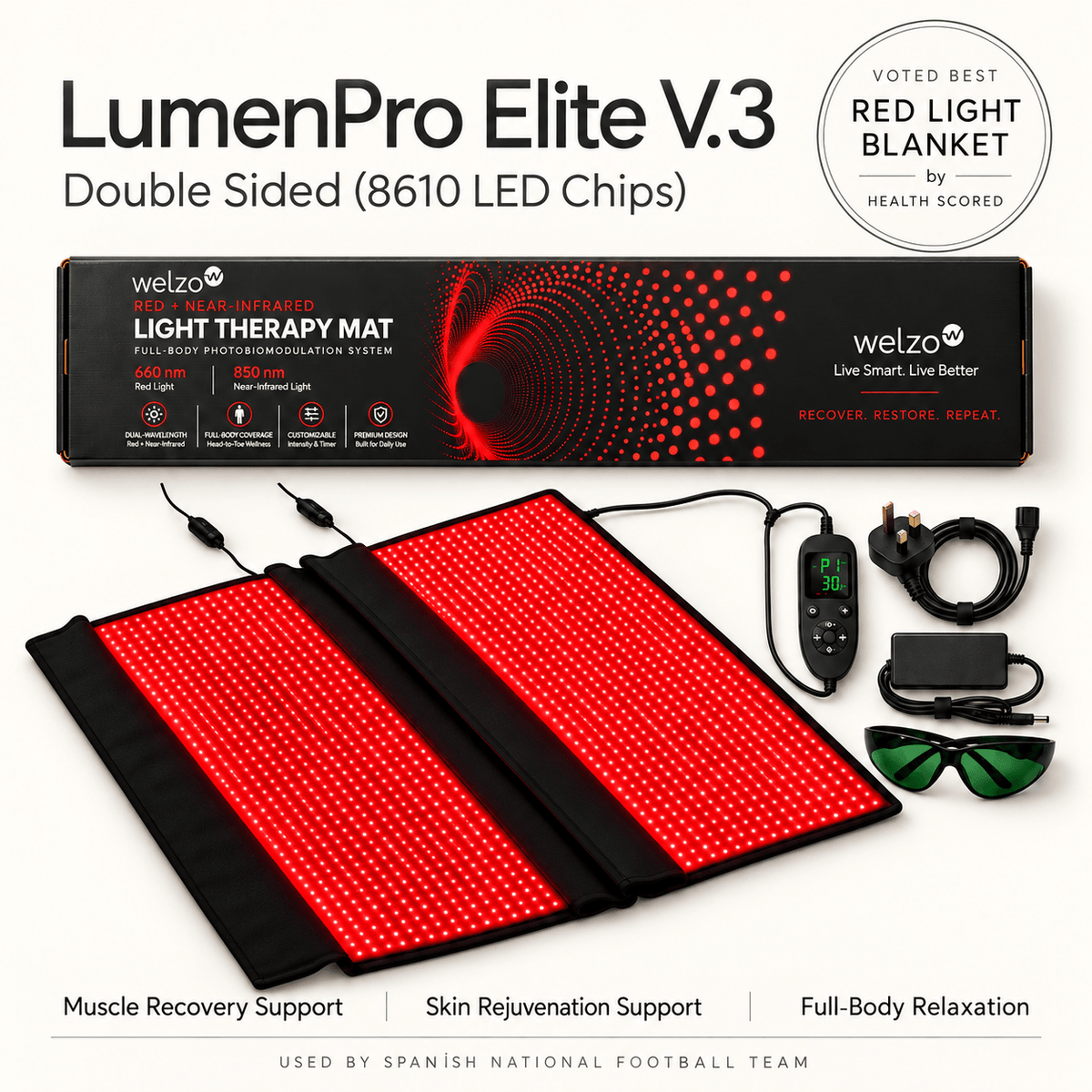 Welzo LUMENPRO™ Elite+ roodlichttherapiedeken voor het hele lichaam (LED-systeem met hoge dichtheid)