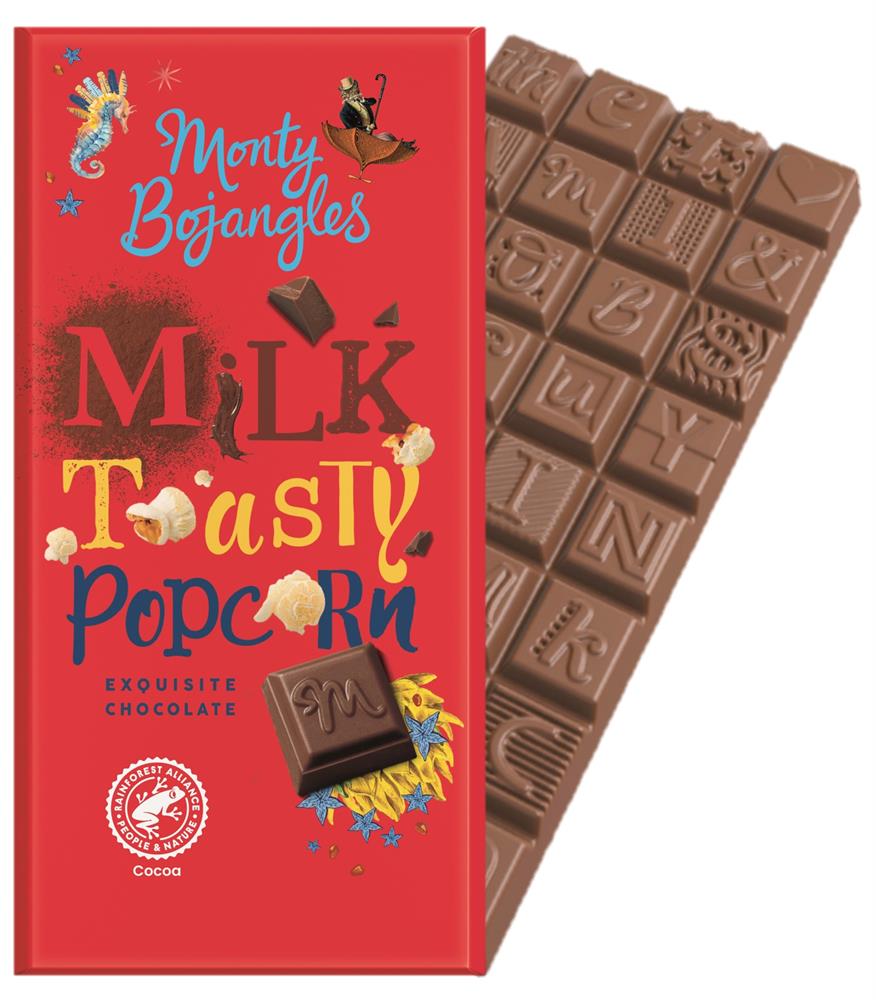 MB Rain Forest Alliance MILK Toasty Popcorn Chocolate Bar 150g, Monty Bojangles