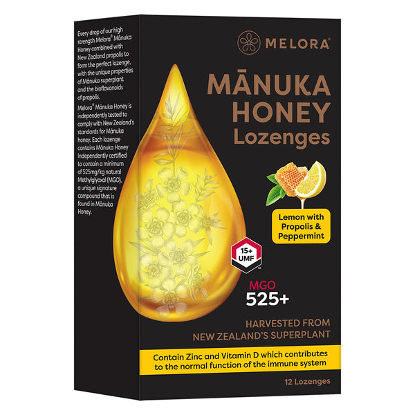 Manuka Honey 525 MGO Lemon and Propolis 12 Lozenges, Melora