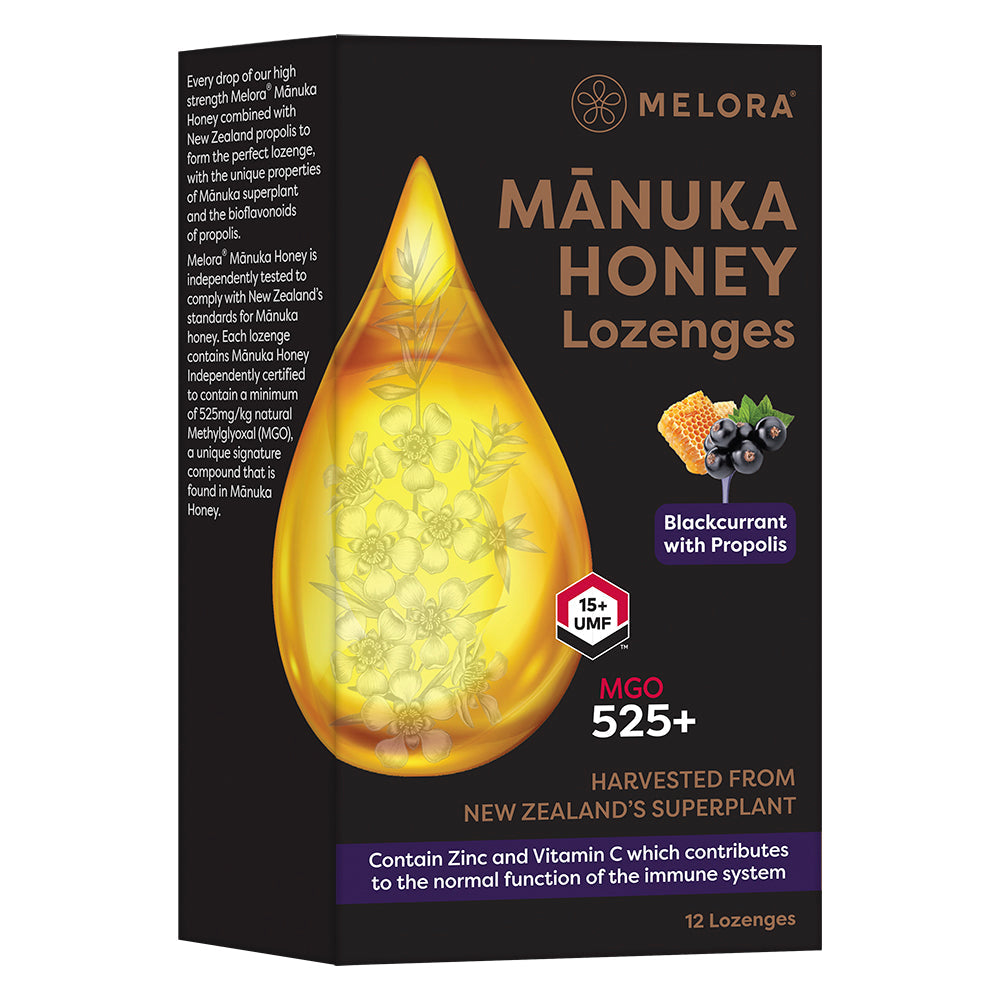 Manuka Honey 525 MGO Blackcurrant and Propolis 12 Lozenges, Melora