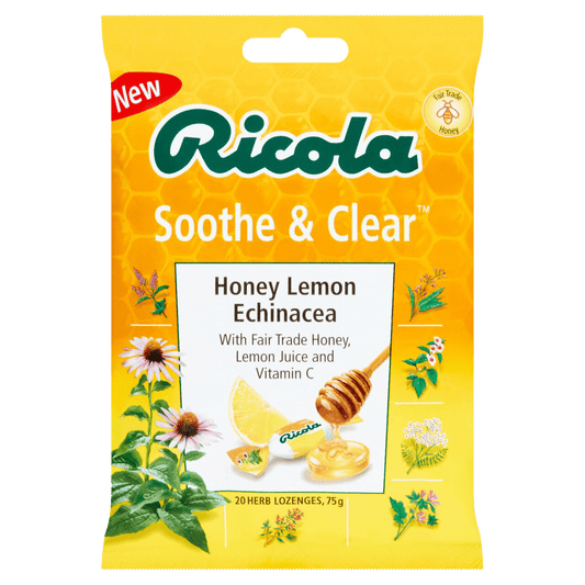 Ricola Soothe & Clear Honey, Lemon and Echinacea Lozenges 75g - welzo