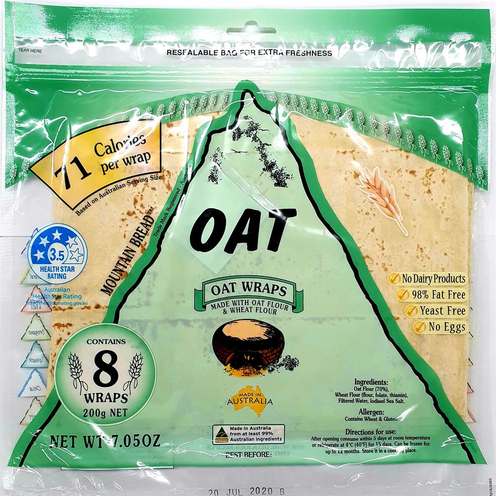 Mountain Bread Oat Wraps (70% Oat) 200g, Mountain Bread