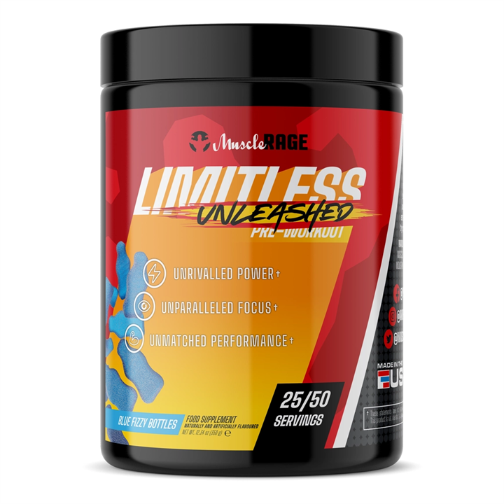 Muscle Rage Limitless Unleashed 350g Blue Fizzy Bottles