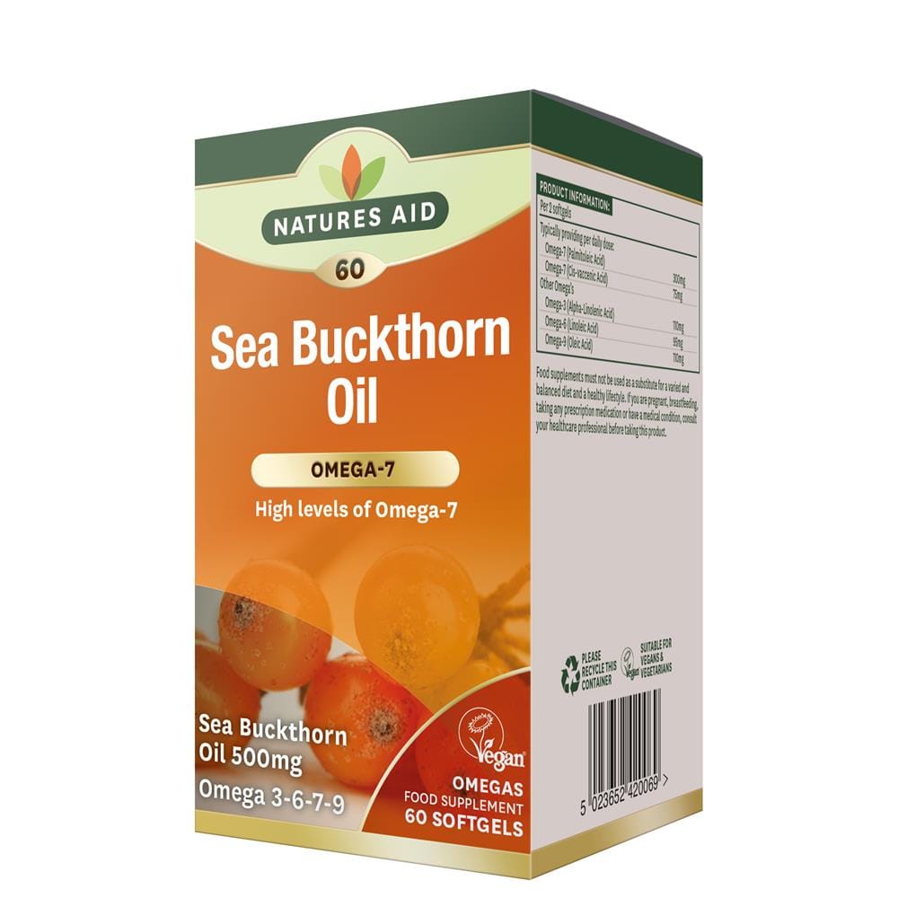 Omega-7 Sea Buckthorn 500mg 60 Vegetarian Softgels, Natures Aid