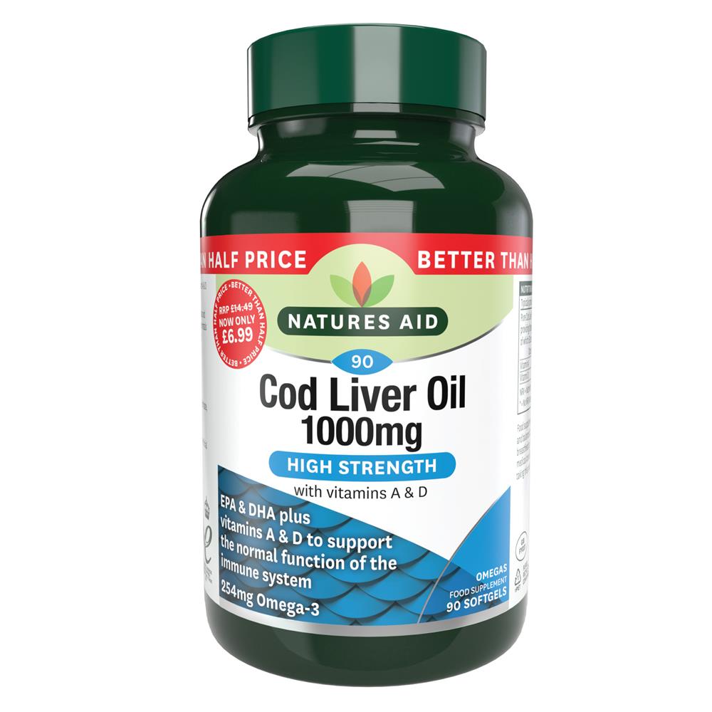 Cod Liver Oil (High Strength) 1000mg 90 Caps, Natures Aid Promo Packs