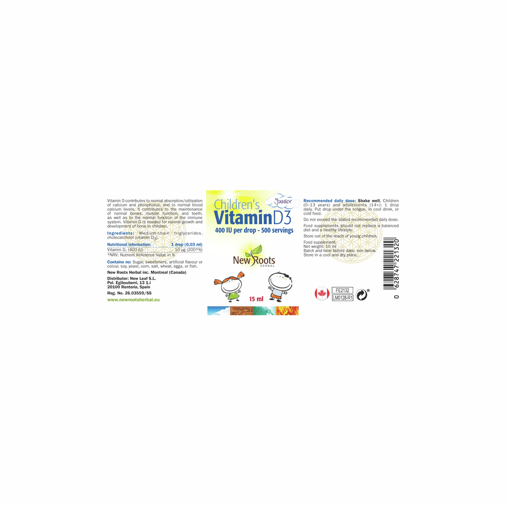 New Roots Herbal Children's Vitamin D3 400 IU Drops – 15 ml – image 2