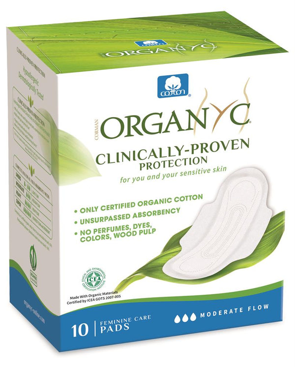 Period Pads - Moderate Flow folded with wings - 10 pads, Organyc