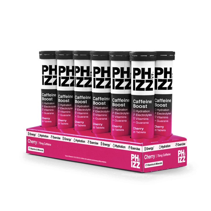 Phizz Cherry + Caffeine Boost 3-in-1 Hydration, Electrolytes and Vitamins Effervescent 12x20 Tabs Cherry