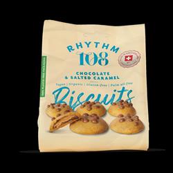 Swiss Vegan Chocolate & Salted Caramel Biscuit Share Bag 135g, Rhythm 108