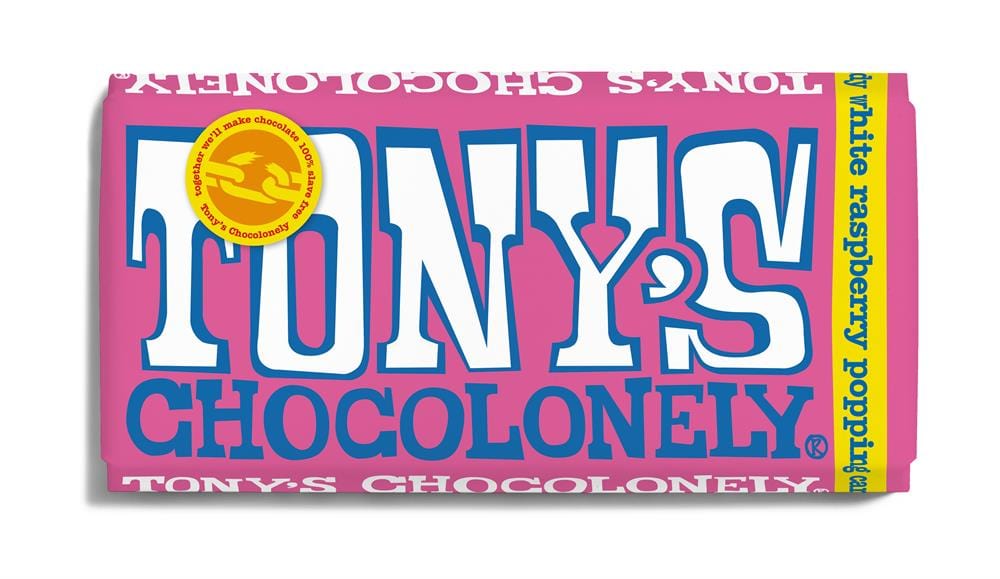 Tonys chocolonely witte chocolade frambozen knallen snoep chocoladebar 180G