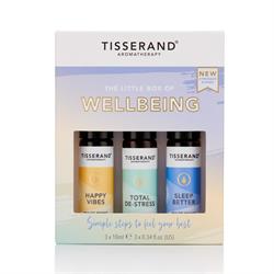 The Little Box of Wellbeing contains 3 pulse point roller balls, Tisserand