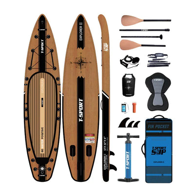 Paddle Board Explorer II SUP mit Kajak-Umrüstsatz 12′ im Holzstil