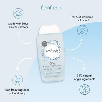 Femfresh 0% ευαίσθητο οικείο πλύσιμο θηλυκό υγιεινό ντους & λουτρό gel cleanser 250ml βατόμουρο