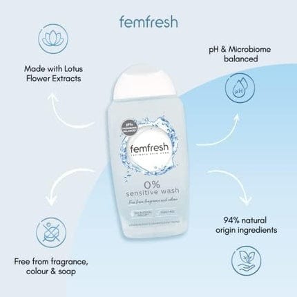 Femfresh 0% Sensible lavado íntimo de lavado femenino ducha y baños gel de gel 250 ml de arándano