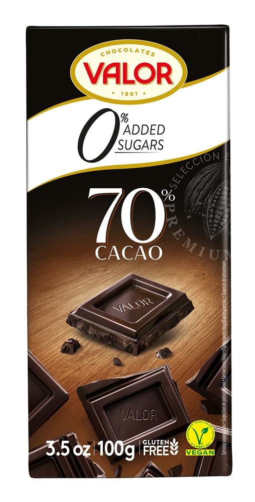 Valor Sugar sin azúcar al 70% de chocolate negro (vegano y gluten) 100G