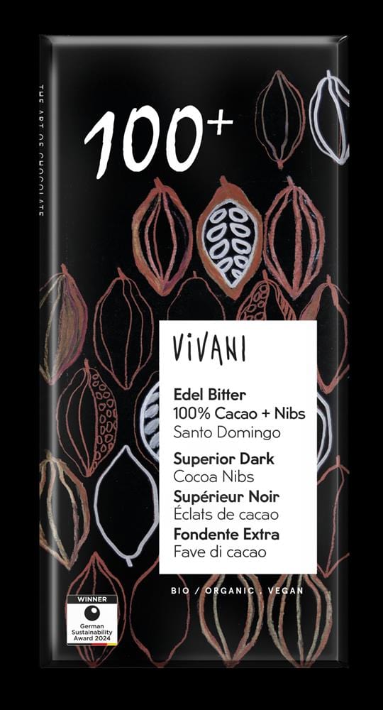 Vivani Dark 100+ chocolade met cacao penbels veganistisch biologisch 80G